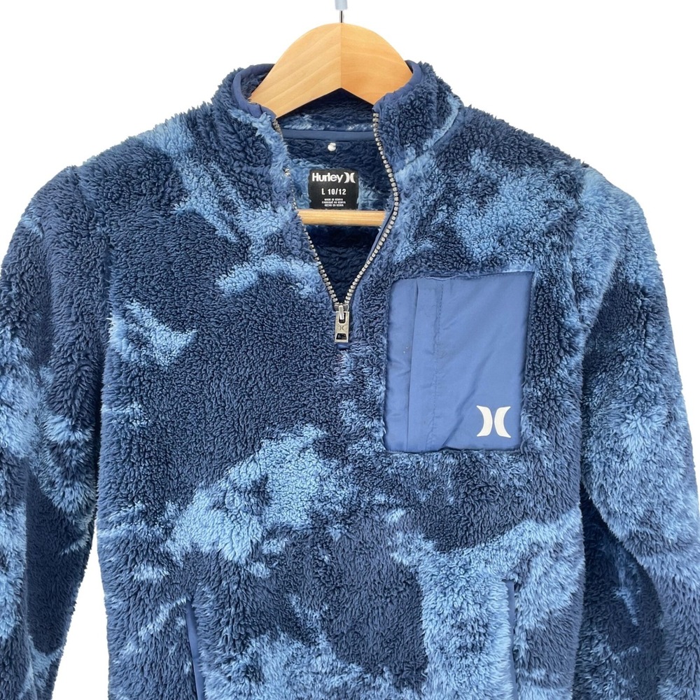 Hurley Boys Sherpa 1/4 Zip Pullover Blue Camo Kangaroo Pockets Size L 10/12 Warm